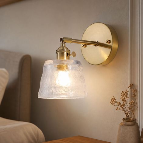 Applique murale vintage en verre épais et métal, culot E27 avec interrupteur intégré, tête orientable à 90°, idéale pour chambre et salon (1/5)