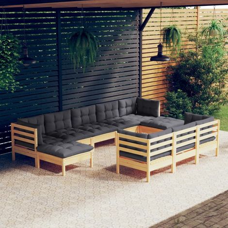 10-tlg. Garten-Lounge-Set mit Grauen Kissen Kiefer Massivholz vidaXL (1/5)