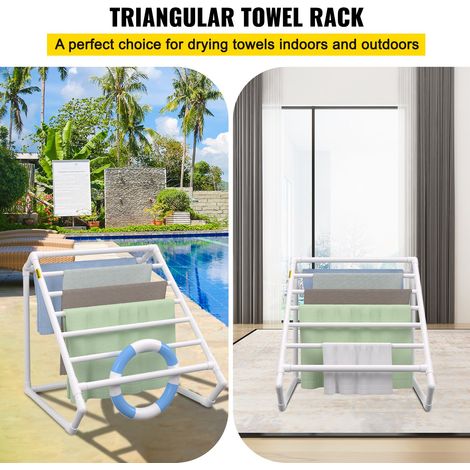 Porte-serviettes de Piscine, 8 Barres, Blanc, Organisateur de Rangement Autoportant Triangulaire, Support en PVC au Bord de la Piscine, avec Pinces, Sac en Filet et Crochet, pour Pagaies Plage (1/5)