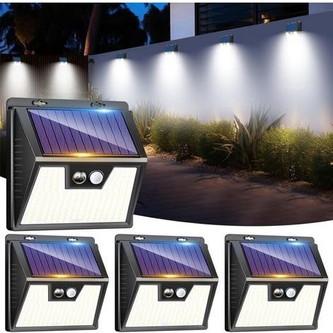 Lot de 4 Lampe Solaire Exterieur Detecteur de Mouvement, 176 LED Lumiere Extérieur IP65 Étanche Spot Solaire 3 Modes Eclairage Exterieure, Projecteur Extérieure pour Jardin Garage, Blanc Froid (1/5)