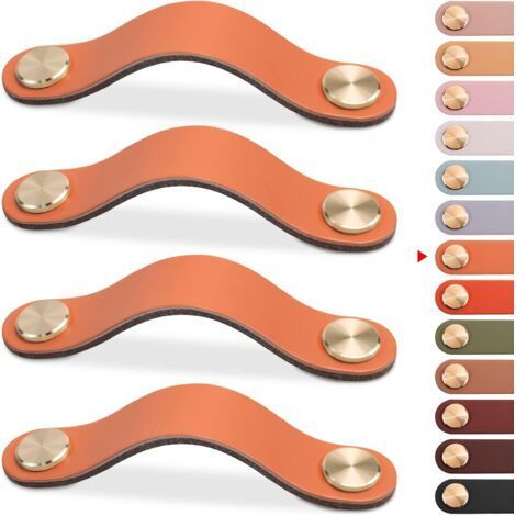 Set of 4 Brass and Orange Leather Cabinet Door Handles, Length 130mm, with Screws, Suitable for Wardrobes and Kitchens (1/5)