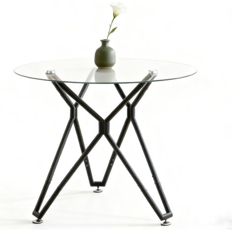 FurnitureR Runder Esstisch 90 cm Glasplatte moderner Tisch Metallgestell geometrisches Design stabil kompakt für Küche Esszimmer transparent schwarz