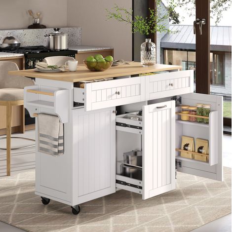 MEUBLIV isola da cucina mobile bianca con piano estensibile, ruote e vani contenitore (1/5)