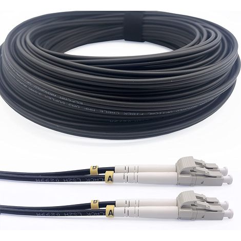 Elfcam Glasfaserkabel 100m LC/UPC auf LC/UPC – OM3 Multimode Duplex 50/125 µm, Stahlarmiert, Schwarz – Für Innen- & Außenbereich geeignet