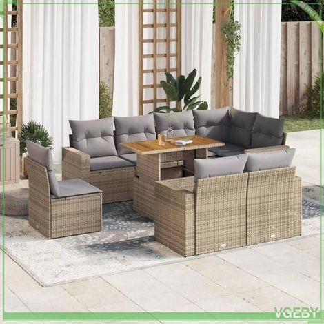 Salon de jardin 9 pcs - FAF7291712444326 - Résine tressée beige - Table acacia réglable - Rangement sous assise (1/5)