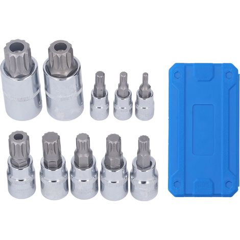 Satz mit 10 Dreifach-Vierkant-Steckschlüsseln M4 bis M18, CR-V-Stahlbits, 1/4-, 3/8- und 1/2-Zoll-Antrieb, mit Aufbewahrungsbox.