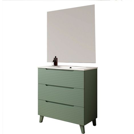 Kibath Mueble de baño con Lavabo, Espejo y Aplique LED BOREAL 80x45 cm acabado VERDE LAGO mate 3 cajones con patas (1/5)