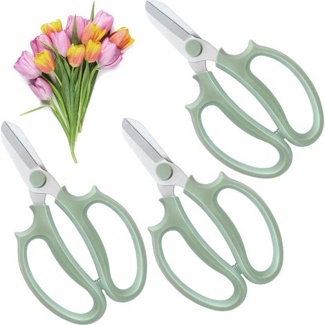 Juego de 3 tijeras florales verdes fabricadas en acero inoxidable de primera calidad para arreglos florales, recolección y poda de frutas. (1/5)