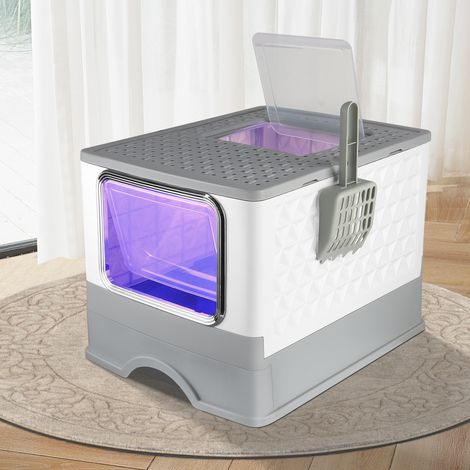 Hofuton Litière pliable pour chat avec lumière UV, entrée par le haut, anti-éclaboussures, bac à litière fermé en plastique avec pelle à litière pratique, gris (1/5)