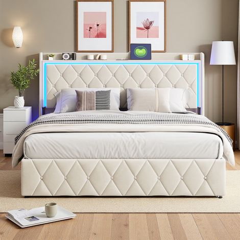 Struttura letto per ragazzi 140x200 cm - Velluto beige - USB e LED - idraulico - letto 140x200 cm (1/5)