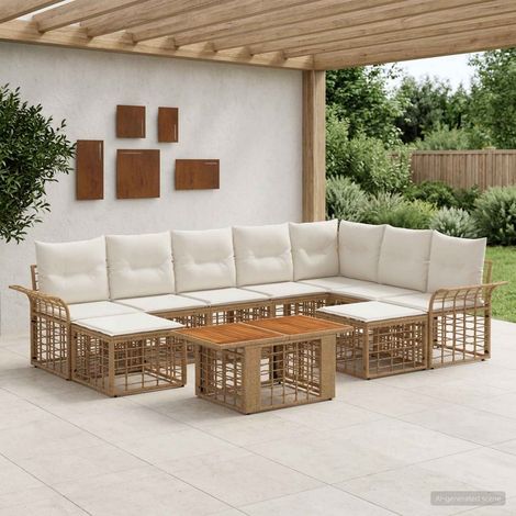 vidaXL Set Divano da Giardino 10 pz Naturale e Bianco Crema polyrattan (1/5)