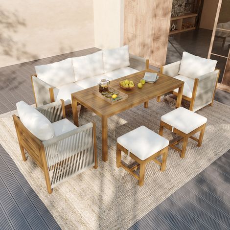 Salon de jardin modulable 6 pièces canapé 3 places 2 fauteuils 2 repose-pieds table plateau acacia beige (1/5)