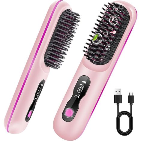 Cordless Hair Straightener Brush, Mini Cordless Hair Straightener Anti-Burn Portable Heating Brush Negative Ions 140℃-200℃ 4 Temperature Settings with LED and USB Display, Pink (1/5)