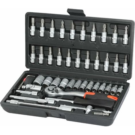 46-teiliger Steckschlüsselsatz aus Chrom-Vanadium-Stahl mit 1/4" (72 Zähne) Schnellspann-Ratschenschlüssel