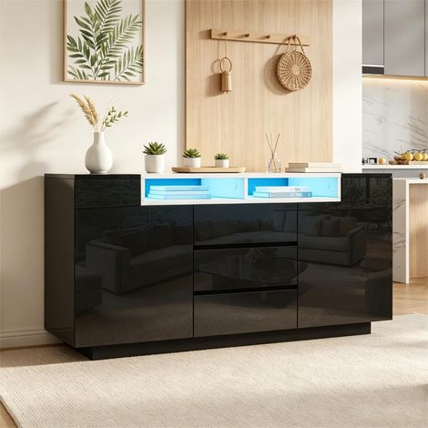 Buffet bas LED 140x40x68 cm, meuble de rangement avec 2 portes et 3 tiroirs, étagères réglables, finition brillante, panneau de particules, noir (1/5)
