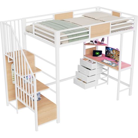 Lit mezzanine en métal 90200 avec bureau, étagères de rangement, barre de penderie, éclairage LED et prise électrique, lit mezzanine multifonction idéal pour les bureaux, les espaces de travail et les (1/5)