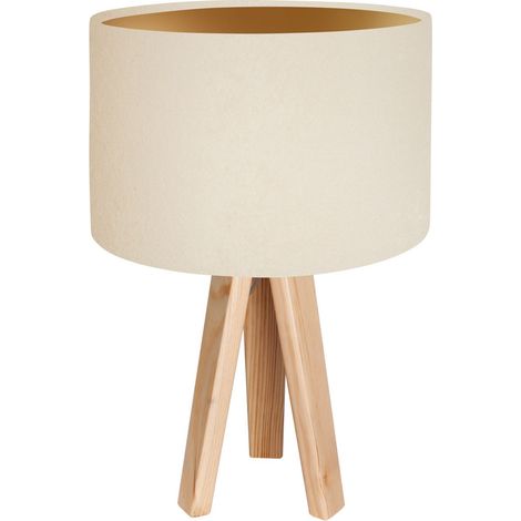 Tischleuchte Dreibein 46 cm hoch Holz Stoff für E27 Nachttischlampe Beistelllampe