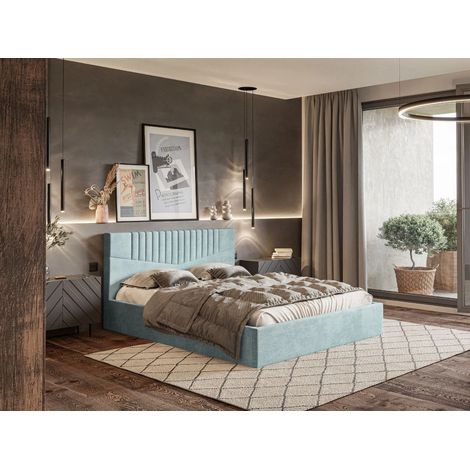 Lit rembourré avec rangement 160x200 velours bleu Lido (1/5)