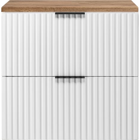Furnidea - Meuble sous vasque à suspendre FLOW blanc avec le plan chêne wotan 60 cm - 2 tiroirs - façades rainurées (1/5)
