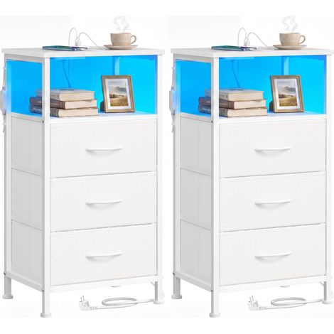 Table de Chevet Lot de 2, avec Multiprise, Table d'Appoint avec Éclairage LED Réglable, Style Moderne, 1 Étagère Ouverte et 3 Tiroirs, Blanc Nuage, LGS203W102 (1/5)