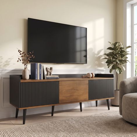Meuble TV 160 cm avec 3 Portes et Bords Surélevés, Banc TV en Bois, Style Moderne, Noir et Naturel (1/5)
