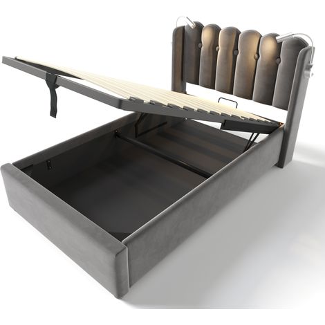 Gepolstertes Bett 90x200 cm aus grauem Samt mit Leselampe, USB und Stauraum, ohne Matratze (1/5)