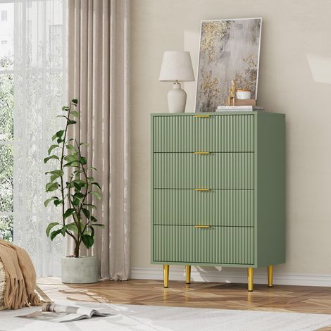 Commode 4 tiroirs vert avocat en bois façade cannelée 60P x 39,5l x 93,6H cm, poignées et pieds métal chambre salon (1/5)