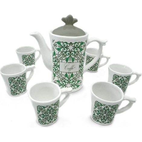Set 6 Tazzine Tazze Caffe' + Teiera in Ceramica Decoro Verde (1/2)