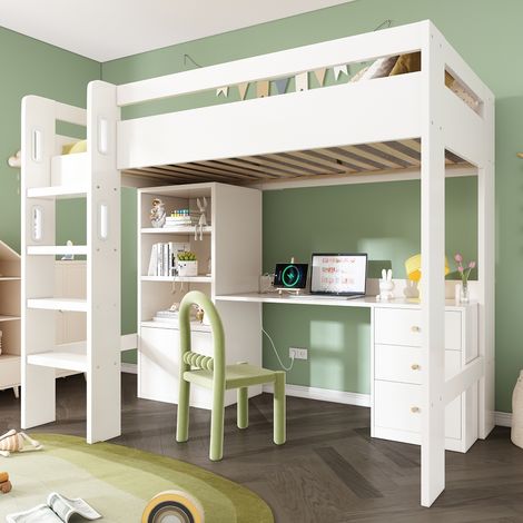 Hochbett 90x200 mit Schreibtisch und Schrank, multifunktionales Kinderbett mit Treppe, Lattenrost und USB-C, Jugendbett aus Holz, Weiß (1/5)