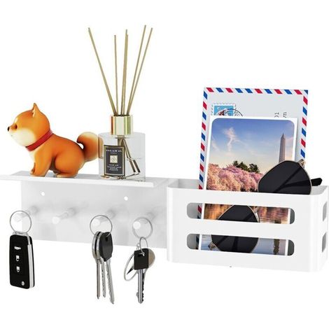 Porte-clés mural blanc avec 4 crochets, étagère murale décorative en métal pour clés, organiseur de clés et de courrier pour salon, entrée, vestiaire, couloir. (1/4)