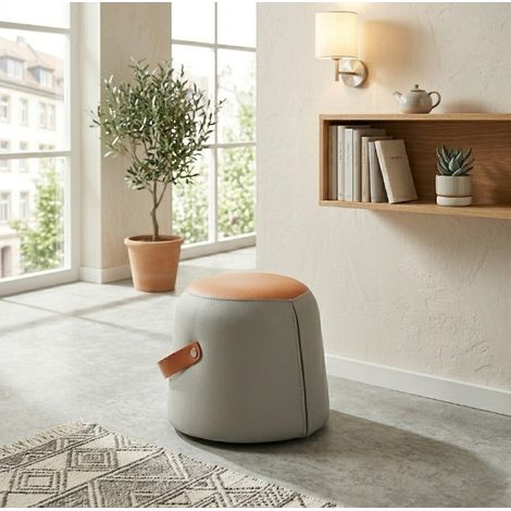 Tabouret ottoman compact avec poignée, assise rembourrée, multifonction pour salon ou chambre, PU gris (1/5)