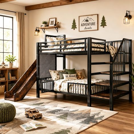 Lit mezzanine en métal pour enfant avec toboggan et escalier de rangement 90 x 200 cm, cadre de lit superposé avec barrière de sécurité, étagères intégrées, lit gain de place pour chambre d'enfant (ga (1/4)