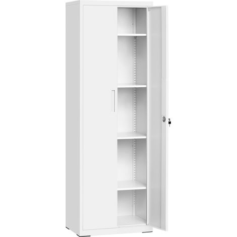Songmics – Meuble de rangement en acier 40x60x180 cm – Placard avec 5 étagères réglables – Doubles portes et serrure – Pour garage et bureau – Blanc mat