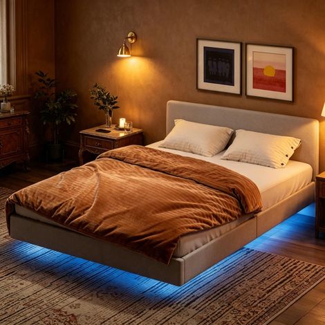 Cadre de lit flottant 140x190 cm avec éclairage LED, lit double, housse de couette en lin, sommier à lattes en bois inclus (cadre de lit uniquement) (1/5)