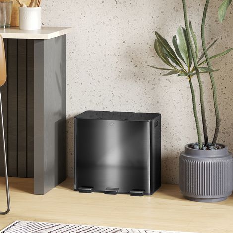 Pattumiera da cucina da 45 litri con 3 scomparti da 15 litri, coperchio, secchi interni rimovibili, colore nero.