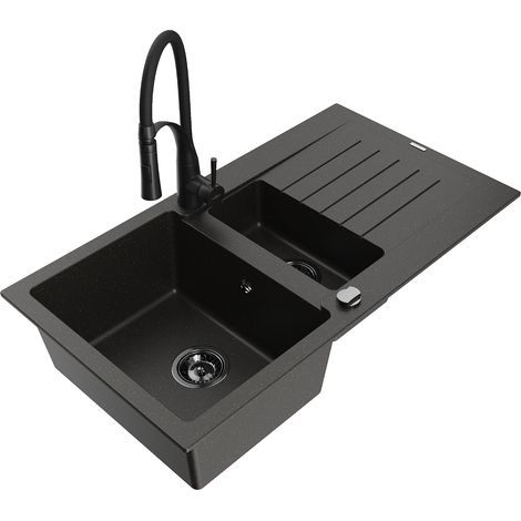 Mexen Matias Granitspüle 1,5-becken mit Abtropffläche und Küchenarmatur Aster, schwarz/gold metallic - 6502-75-73450-70-B (1/5)
