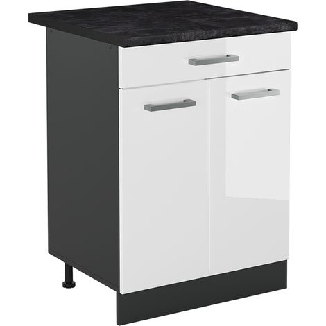 Küchenunterschrank R-Line, Weiß Hochglanz/Anthrazit, 60 cm mit Schublade Arbeitsplatte Anthrazit, Vicco