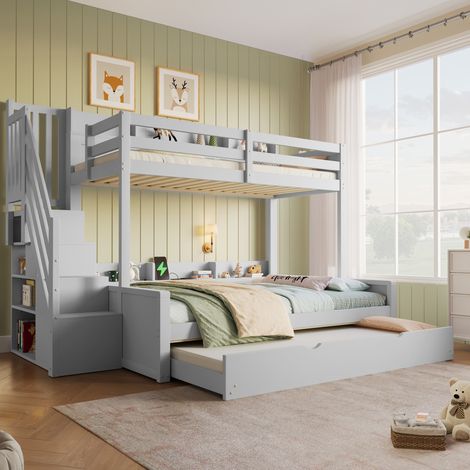 Etagenbett 90x200/140x200 cm aus Holz, grau, mit Ausziehbett, ohne Matratzen – MEUBLIV (1/5)