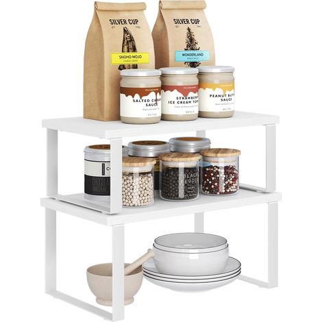 WOLTU Lot de 2 Étagères à Épices Empilables, en MDF et Métal, Étagères de Rangement de Cuisine, Blanc (1/5)
