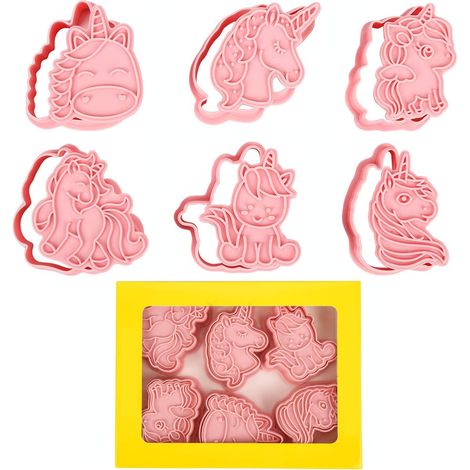 Emporte-Piece Licorne - 6 Pièces Avec Tampons 3D - Plastique Alimentaire - Pour Biscuits Fondant Crêpes Fruits - Set Pâtisserie Enfant Adulte