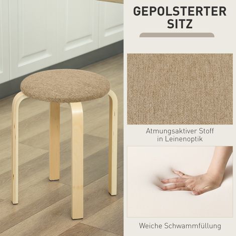Pouf en lot de 4, empilable, surface laquée, pieds en bois, kaki (1/5)