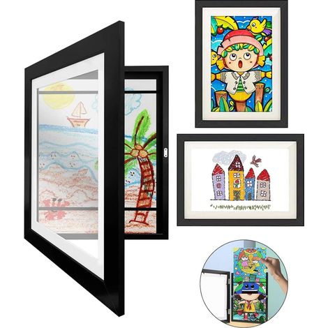 Cadre Dessin Enfant à Changer, Cadre a Dessin Enfant A4 Ouverture Avant, Cadre Photo d'art pour Enfants Pliable à Remplir pour le Rangement et la PréSentation des Dessins d'enfants, Noir (1/5)