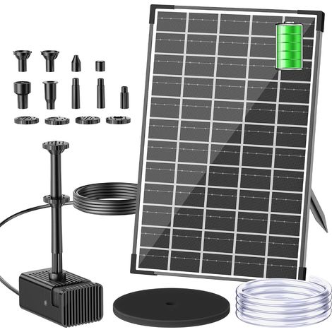 Fontaine solaire d'extérieur 12 W avec batterie de 5000 mAh, silencieuse, 300 l/h, pompe de bassin solaire avec 8 buses, fontaine solaire pour l'extérieur, petits étangs de jardin jusqu'à 5 ㎡ (1/5)