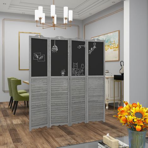 Biombo Separador de Ambientes Plegable de 4 Paneles de Madera con Pizarras para Dormitorio 162x172 cm Gris (1/5)
