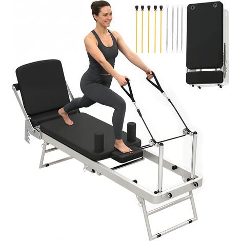 Machine Reformer Pilates pliable système hybride 4 ressorts et 5 cordes, acier silencieux, 195x56x88 cm, blanc