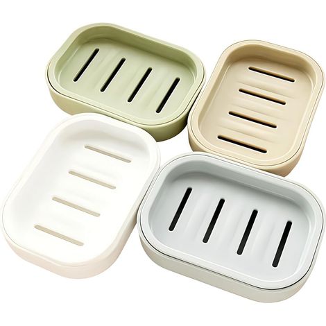 Set de 4 porte-savons en plastique, petit ensemble de porte-savons pour salle de bain, blanc cassé, vert clair, kaki, bleu gris - pour douche, salle de bain ou cuisine (1/4)