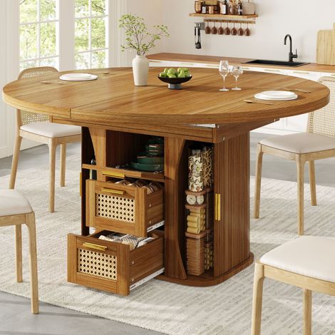 Esstisch Ausziehbar mit Stauraum, Schubladen in Rattanoptik, für Esszimmer oder Küche, MDF, Eiche (1/5)