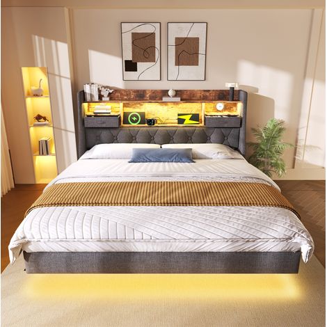 CHICFURN Cama 160x200 cm de lino gris con LED, cabecero y almacenaje, sin colchón (1/5)
