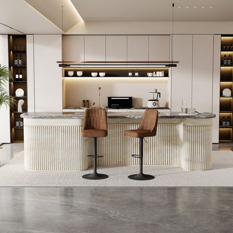 Tabouret de bar réglable en hauteur, lot de 2, pivotant à 360°, assise et dossier en tissu technique respirant marron, pieds en métal noir. Convient pour îlots de cuisine et comptoirs de bar.