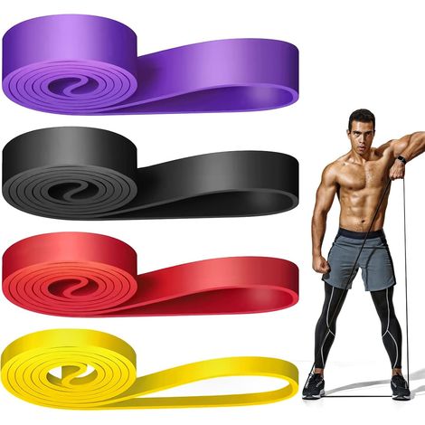 Set di 4 fasce elastiche per il fitness, con 4 diversi livelli di resistenza, per sport, ginnastica, allenamento, fitness e potenziamento muscolare, Pilates, Yoga, per uomo e donna. (1/5)